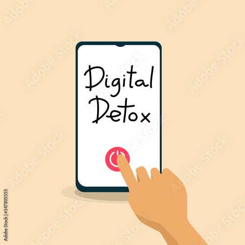 Digital detox concept.Hand is going to touch turn off button of smart phone