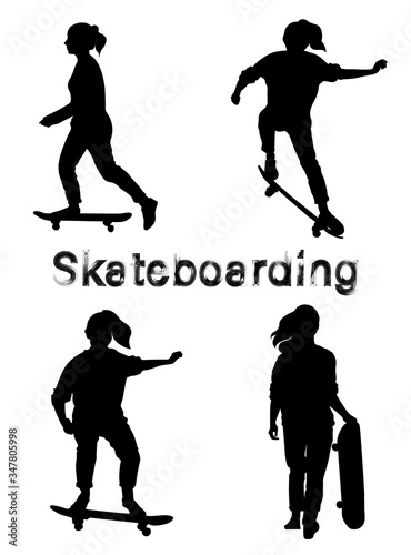 Set of black skate girl silhouettes. Skate trick ollie. Skateboarder is rides, pushes off the ground, jumping, standing on the board. Isolated vector illustration. Grunge style textured text.