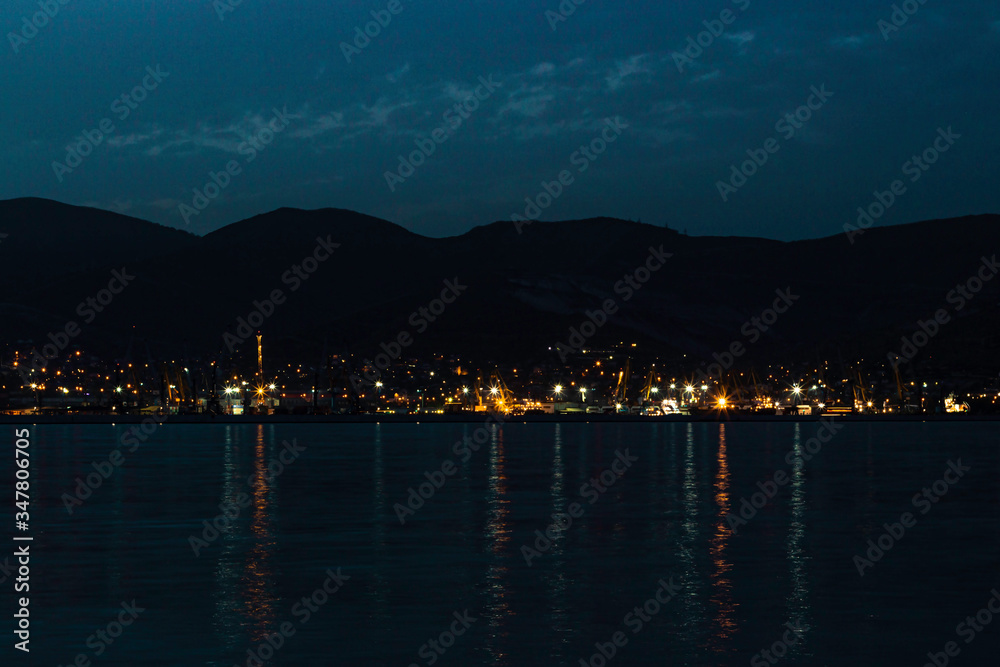 Night lights of the port of black sea. Novorossiysk's port.