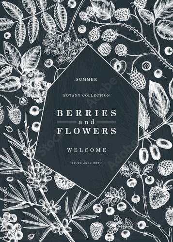 Summer berries and flowers frame on chalk board. Hand drawn berry design - strawberry, cranberry, currant, cherry, bilberry, raspberry, blueberry hand drawing on chalkboard