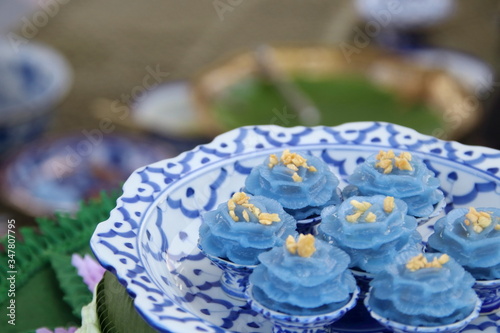 "Chor Muang" (Flower Shaped Dumpling filled with Minced Chicken) are on Thai ancient style plate and on top with fried garlic and blur background, Thailand. Chor Muang is Thai ancient royal dish.