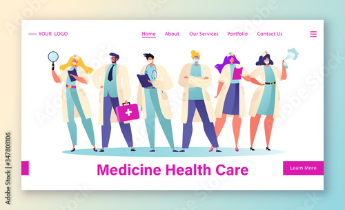 Modern concept of medicine and healthcare theme for website and mobile website development. Flat cartoon vector landing page template.  Character of surgeon in uniform medical gowns in masks.
