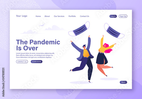 Landing page template with pandemic Covid-19 end. Quarantine and  coronavirus lockdown finish. Happy flat cartoon people characters throw out masks and jump.