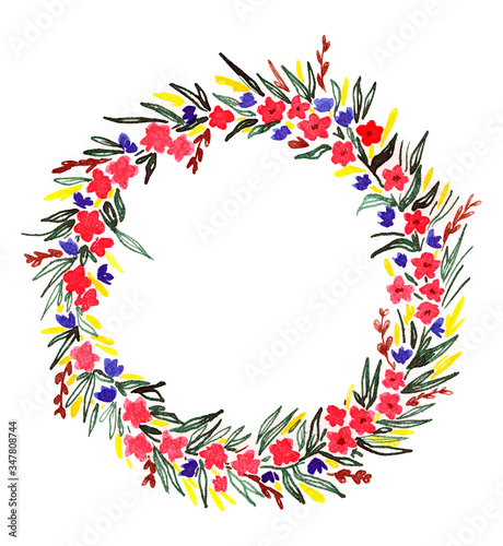  Beautiful bright watercolor oval wreath of branches, leaves and flowers.