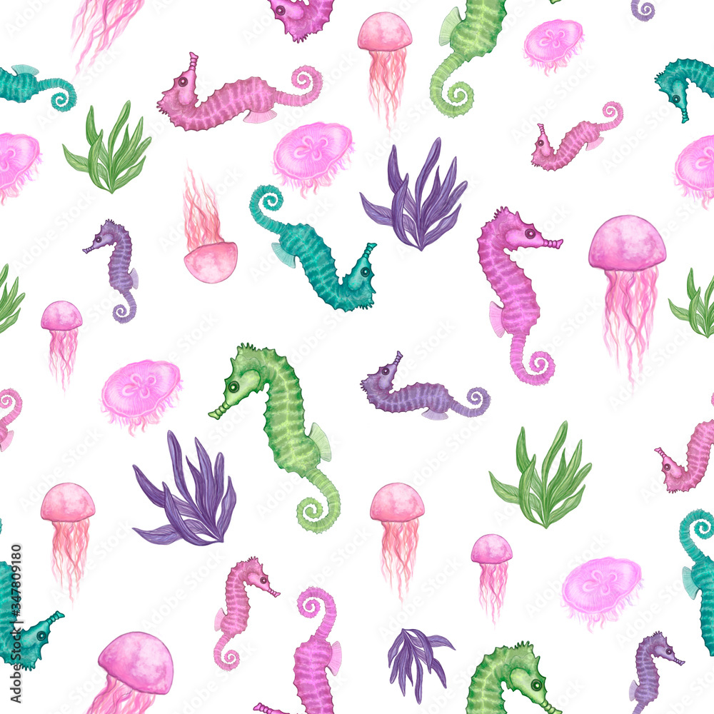 Watercolor realistic seahorses, seaweeds, jellyfishes. Hand drawn cute aquarelle seamless pattern of sea animals. Isolated on white background. World Oceans Day. Trendy summer oceanic design.