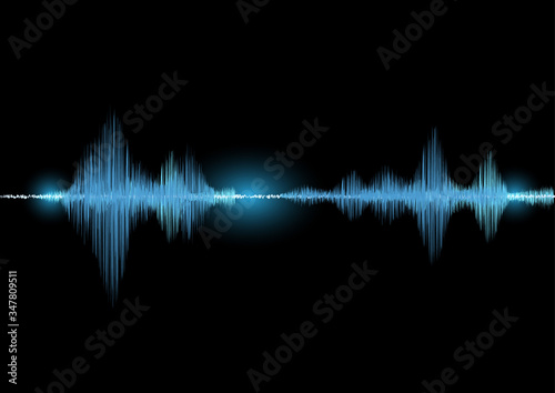 Sound waves oscillating glow light in blue tone on black background, Technology digital splash or explosion concept, Neon sound waves in music production.