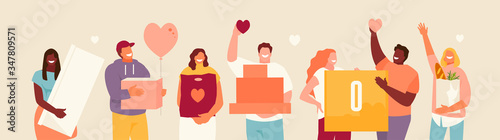 Volunteers group with donations in their hands. Vector illustration