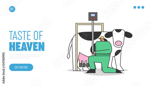 Concept Of Dairy Production. Website Landing Page. Woman In Uniform Connecting Milking Machine To Cow, Control The Process Of Milking. Web Page Cartoon Linear Outline Flat Style. Vector Illustration