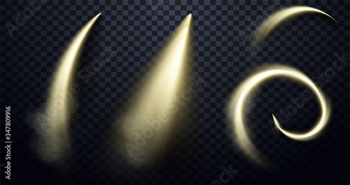 White, yellow smoke. Plane track isolated on transparent background. Realistic column of fog. Aviation jet fly or spaceship sky air tracks steam. Set 3D realistic vector. Magical gold sparkles dust