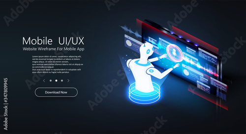 Chatbot isometric. Virtual assistant voice recognition service technology. Customer service infographic. Website assistance. Teacherbot. Future marketing.  AI artificial intelligence robot support.