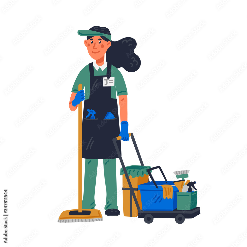 janitor - female janitor in uniform holding mop and cleaning trolley. Cleaning service and hospital disinfection. Flat style vector illustration on white background.