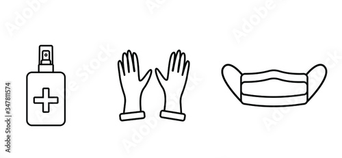 Icons of  Surgical Mask , Medical Gloves and Hand Sanitizer. Protection Equipment from Coronaviru.Covid-19  Prevention . Line Outline,  Filled Icons Set. Editable Stroke. 
