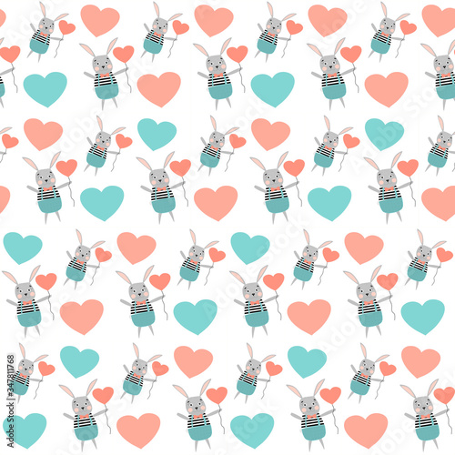 Seamless white pattern with a Bunny boy in blue pants