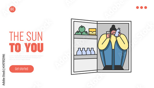 Summer Hot Period Of Time. Website Landing Page. Sweltering In Heat Woman Has Climbed Into Fridge, To Get A Little Bit Cool Of Heat. Web Page Cartoon Linear Outline Flat Style. Vector Illustration