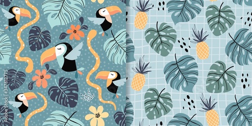 Tropical seamless patterns set with exotic birds, fruits and plants, toucan, pineapple, modern design