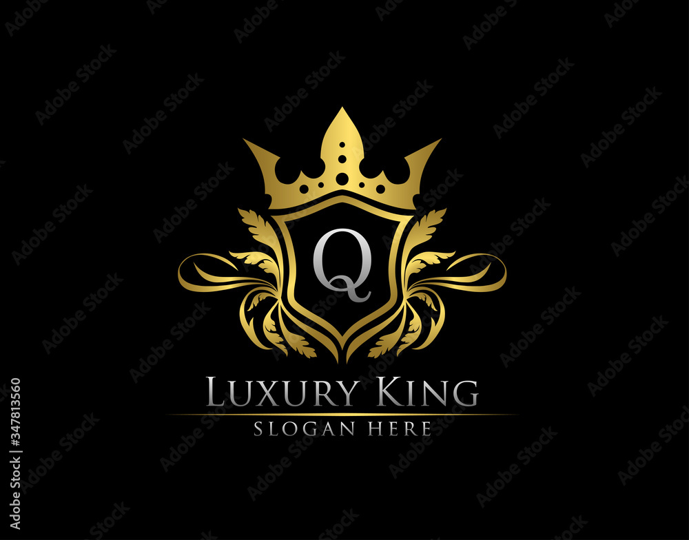 Luxury Royal King Q Letter, Heraldic Gold Logo template. Luxury Royal King Q Letter, Heraldic Gold Logo template.