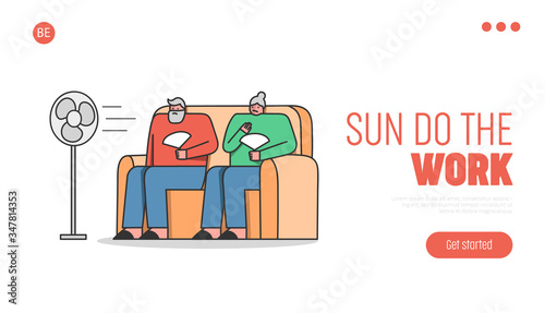 Summer Hot Period Of Time. Website Landing Page. Aged People Sitting On Sofa Use Fans To Get Little Bit Cool Of Heat In Hot Summer Day. Web Page Cartoon Linear Outline Flat Style Vector Illustration