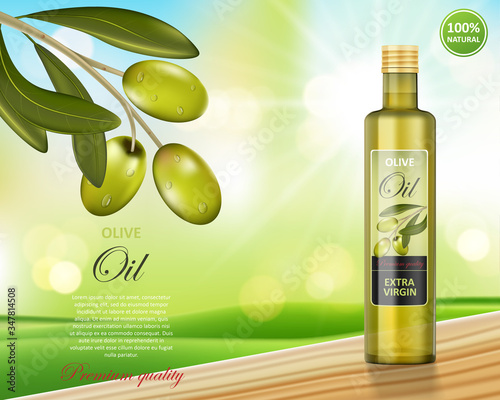 Olive oil bottle design on green shiny background. Transparent glass olive oil on wooden table, package design. Vector 3d illustration