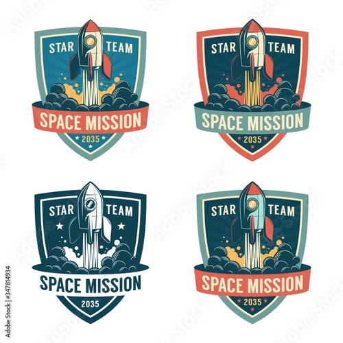 Rocket launch to the space - astronaut retro shield. Spaceship start - vintage badge. Vector illustration.
