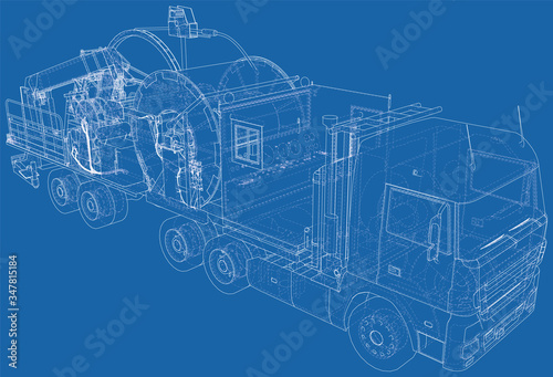 Oilfield coiled tubing equipment. Coiled tubing reel on a trailer. wire-frame. The layers of visible and invisible lines are separated. EPS10 format. Wire-frame.
