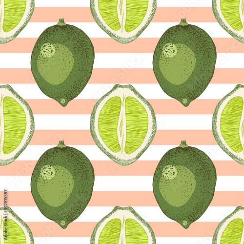 Seamless pattern with hand drawn lime branches, halfs and slices
