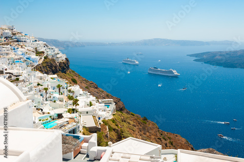 White architecture and blue sea on Santorini island  Greece. Panoramic view. Famous travel destination