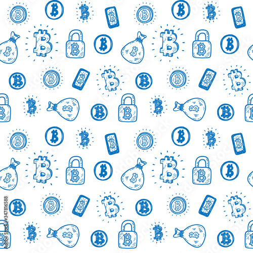seamless pattern with hand drawn doodle bitcoin icons