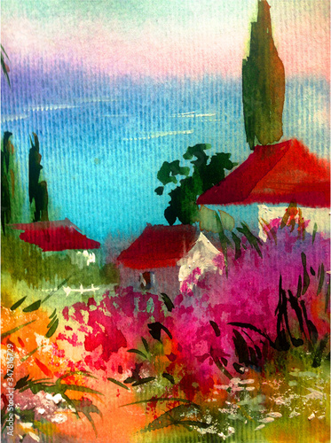 Watercolor colorful bright textured abstract background handmade . Mediterranean landscape . Painting of architecture and vegetation of the park , made in the technique of watercolors from nature photo