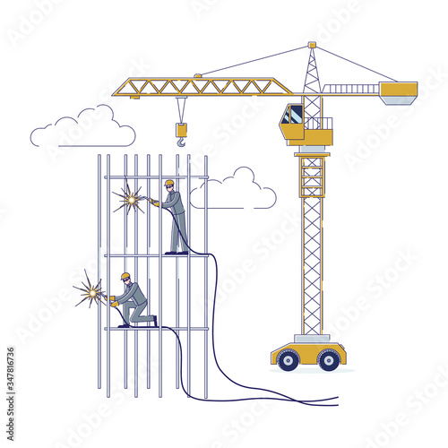 Concept Of Construction. Workers Working Together Outdoors. Characters Welding Metal Frame Using Welding Machines And Tower Crane For Lifting. Cartoon Linear Outline Flat Style. Vector Illustration