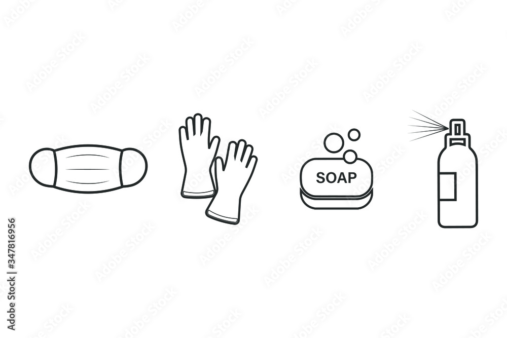 Fototapeta premium Badges of personal protective equipment - medical mask, latex gloves, soap, antiseptic. Coronavirus, covid 19 prophylactic items. Lines and polygonal symbols. Vector illustration