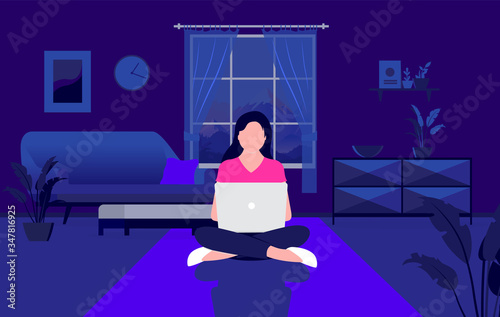 Working late - Woman at home with laptop computer working on the floor at night time. Work from home, late hours, overtime and quarantine concept. Vector illustration.