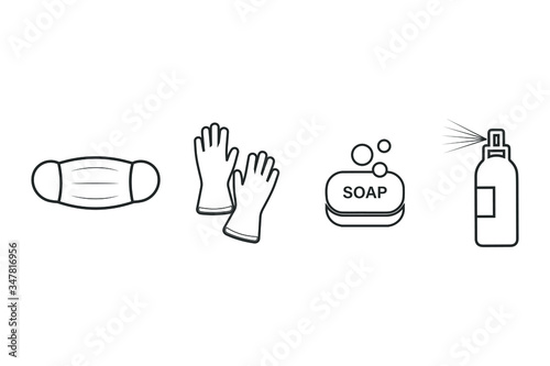 Badges of personal protective equipment - medical mask, latex gloves, soap, antiseptic. Coronavirus, covid 19 prophylactic items. Lines and polygonal symbols. Vector illustration