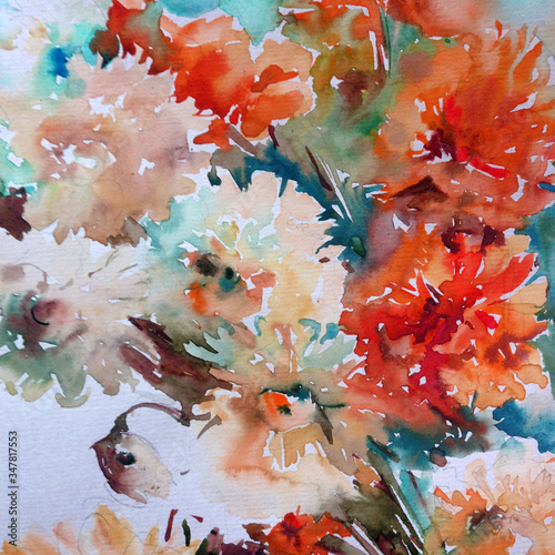 Abstract bright colored decorative background . Floral pattern handmade . Beautiful tender romantic summer aster flower , made in the technique of watercolors from nature.