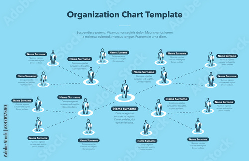 Modern simple company organization hierarchy schema template with place for your content - blue version. Easy to use for your website or presentation.