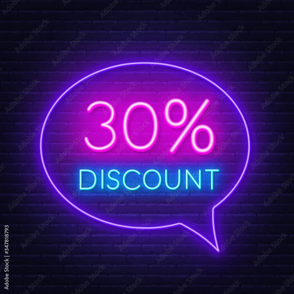30 percent discount neon sign on brick wall background. Vector illustration 30 percent discount neon sign on brick wall background. Vector illustration