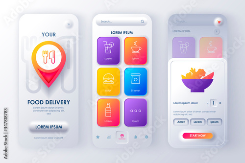 Delivery food unique neomorphic design kit for mobile app neomorphism style. Online fast food order screens. Express delivery service UI, UX template set. GUI for responsive mobile application.