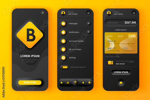 Online banking unique neomorphic design kit for mobile app neomorphism style. Mobile wallet screens with banking. Financial management UI, UX template set. GUI for responsive mobile application.