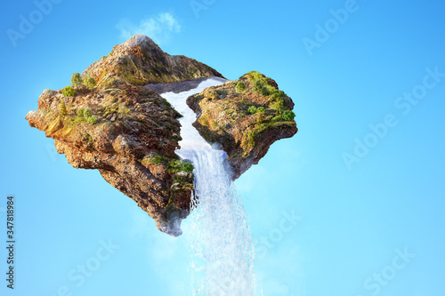 Surreal flying green island isolated on blue sky with mountain, river stream, waterfall. Abstract isometric fantasy floating island design background. Ecology, environment conservation 3D illustration
