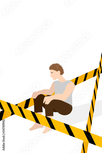 Social isolation, distance yourself alone. person is sitting behind a restraining tape, a concept of quarantine