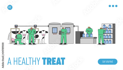Concept Of Dairy Production. Website Landing Page. People Use Milking Machine For Cow, Control The Process Of Dairy Manufacturing And Quality. Web Page Cartoon Linear Outline Flat Vector Illustration