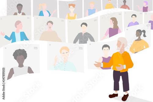 Online learning, a group of students remotely listening to the Professor, remote study and work, concept