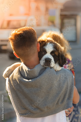 Foto Boy with a Saint Bernard puppy in his arms