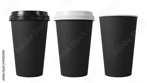 Black paper coffee cups with black and white lids. Open and closed paper cup. Realistic vector mockup. © Vitaly