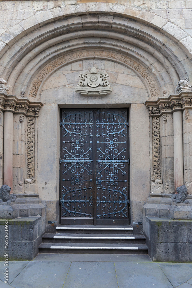 Old wooden door with metal ornaments in the historical part of the German town of Mainz