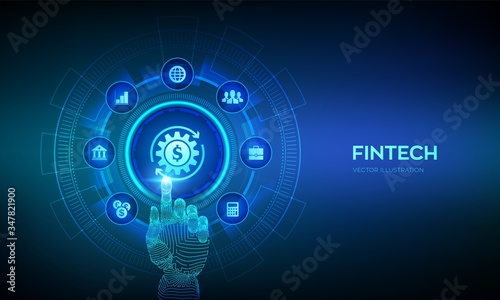 Fintech. Financial technology, online banking and crowdfunding. Business investment banking payment technology concept on virutal screen. Robotic hand touching digital interface. Vector illustration.