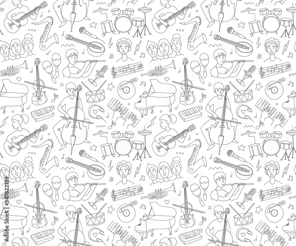 Obraz premium Handdrawn concept on music festival - musicians and musical instruments