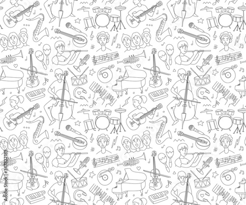 Handdrawn concept on music festival - musicians and musical instruments