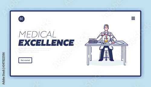 Concept Of Medicine Production And Presentation. Website Landing Page. Character Mixes Ingredients And Makes Vaccine In Laboratory. Web Page Cartoon Linear Outline Flat Style. Vector Illustration