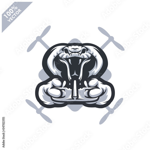 Cobra holding Drone controller. Mascot logo for drone racing team, drone club or store. Design element for company logo, label, apparel or other merchandise. Scalable and editable vector illustration.