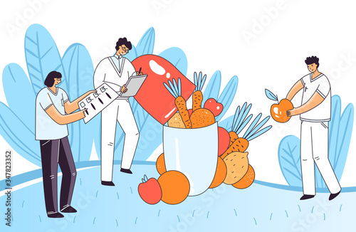 Vector flat illustration of man, woman characters checking up medical drug, pill, capsule for human health, adding in a pill vital natural elements from vegetables and fruits. Pharmacology concept